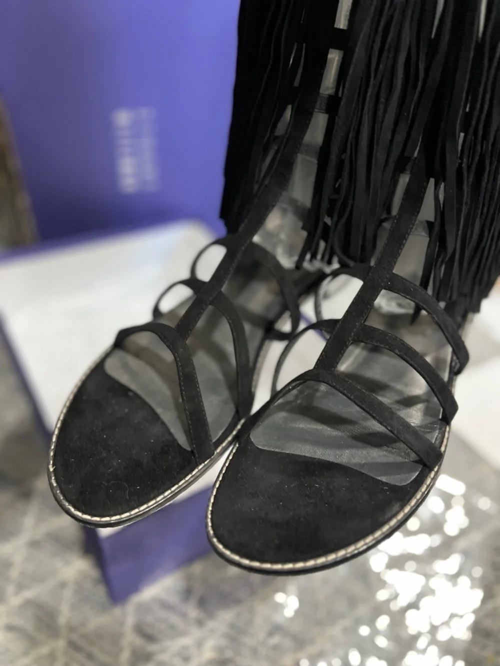 STUART WEITZMAN FRINGE BLASUE 11.5 MED BLACK SUEDE SANDAL